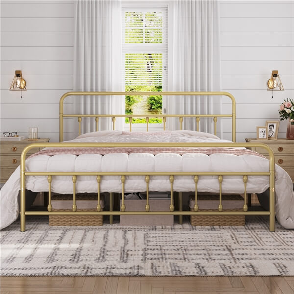 Classic Full Size Iron Platform Bed with High Headboard and Footboard