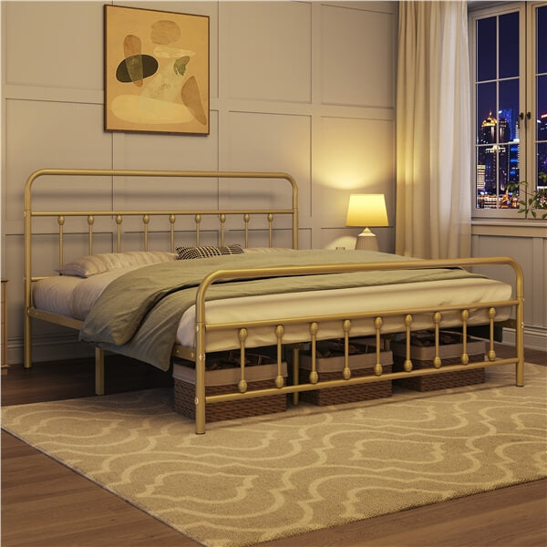 Classic Full Size Iron Platform Bed with High Headboard and Footboard