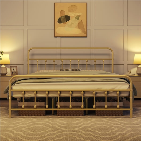 Classic Full Size Iron Platform Bed with High Headboard and Footboard