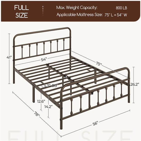 Classic Full Size Iron Platform Bed with High Headboard and Footboard