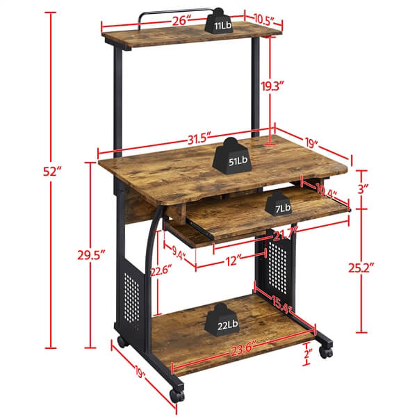 3-Tier Rolling Computer Desk