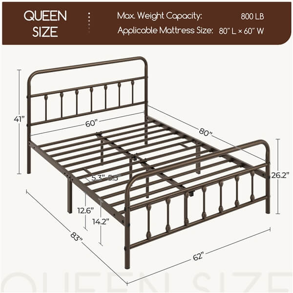 Classic Full Size Iron Platform Bed with High Headboard and Footboard