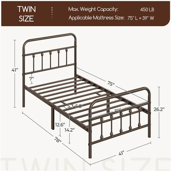 Classic Full Size Iron Platform Bed with High Headboard and Footboard